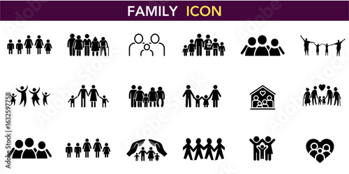 Diverse Family Icon Set: Modern, Minimalist Vectors of Parents, Children & Couples. Perfect for Home, Community, and Relationship-themed Logos and Graphics.