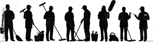 Cleaning worker silhouette set with mop, broom, vacuum, bucket, spray bottle, maintenance poses, hygiene icons, housekeeping vector graphic