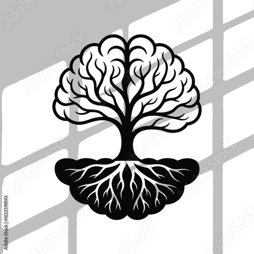Vector Brain Tree Graphic: The Brain as a Tree with Roots for Mental Growth.

