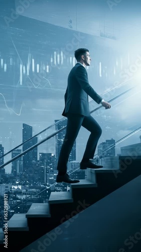 Career growth: A man in his 30s climbs a staircase towards financial success, amidst stock market graphs in an urban setting.