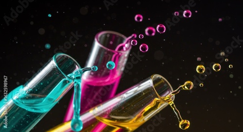 Colorful liquid spills from test tubes