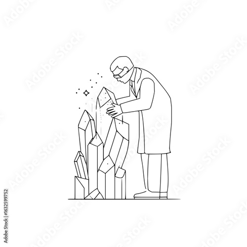 Scientist examining crystals gems minerals geology science research lab coat experiment gemstone study mineralogy