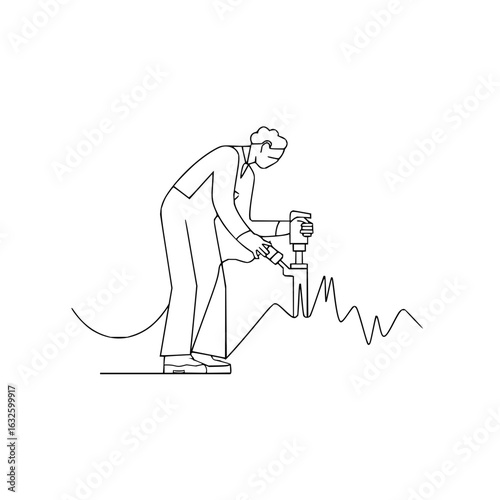 Illustration of construction worker using jackhammer tool equipment for demolition and building site work