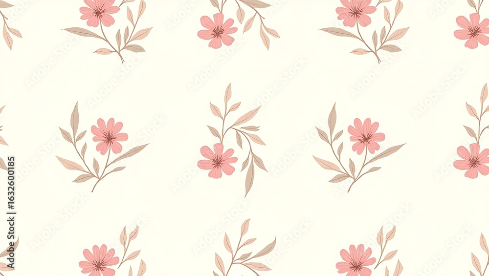 Fototapeta premium Elegant seamless floral pattern with hand-drawn leaves and blooming pastel flowers on a light background, vector style, ideal for fabric, wallpaper, and wrapping paper. Generative Ai.