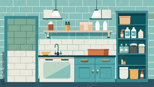 A laundry room with subway tile backsplash and custom builtin shelving for organization.