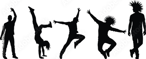 Energetic human silhouette poses, dynamic movement vector icon set for fitness, dance, performance art, editable active figure illustrations.