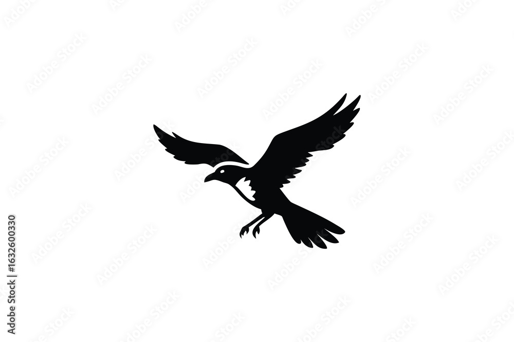 Obraz premium A stark black silhouette of a raven in mid flight with wings spread wide and talons extended captured against a clean white background in a distinctive silhouette style