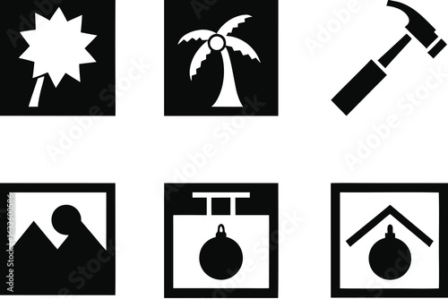 Sparkler palm tree hammer framed picture christmas ornament house roof icons set of silhouettes