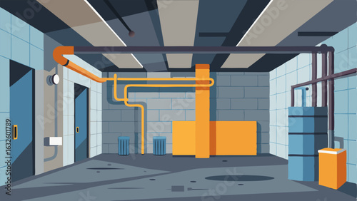 A mix of exposed pipes and concrete walls in a converted loft space.