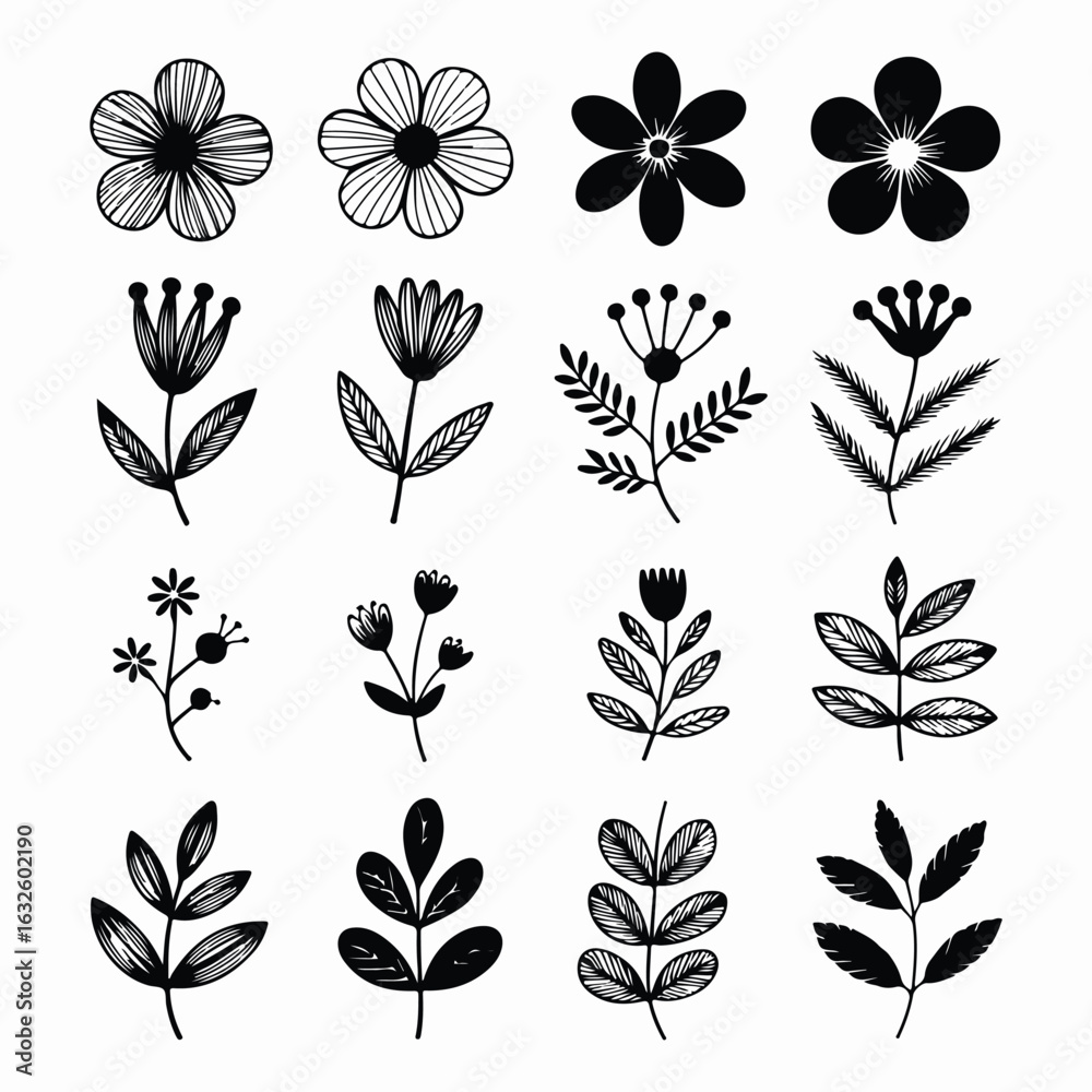 Obraz premium Floral Collection Hand-Drawn Flowers and Leaves
