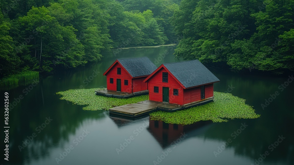 Fototapeta premium Red cabins on a lake, surrounded by lush green forest