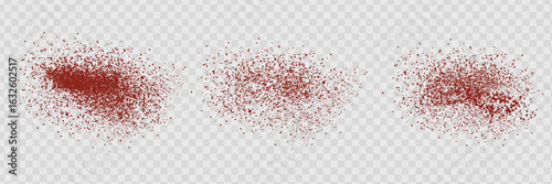 Red pepper powder. Paprika spice splatters on transparent background. Grainy scatterings of paprika or chilli spice. Vector realistic illustration. Eps 10