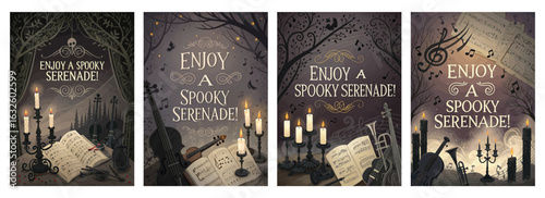 Set of four spooky-themed posters with violins candles and sheet music in a haunting atmosphere