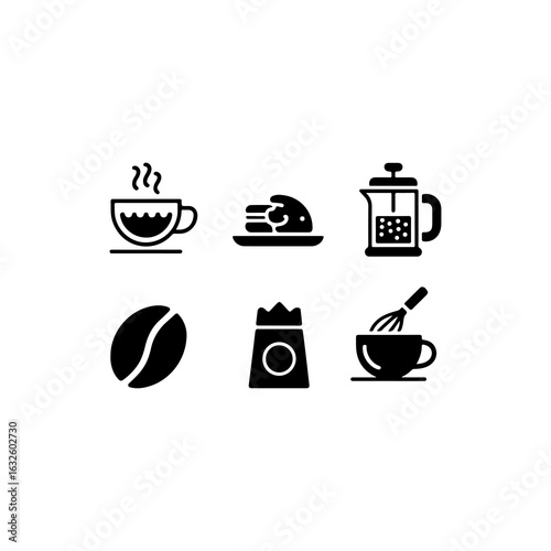 A set of 6 black fill-only icons on a white background showing coffee shop items.