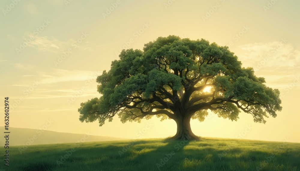 Obraz premium Ancient oak tree stands alone in verdant meadow with grassy terrain. Large tree branches stretch out, creating depth. Clear blue sky above without clouds. Hill background adds natural setting to