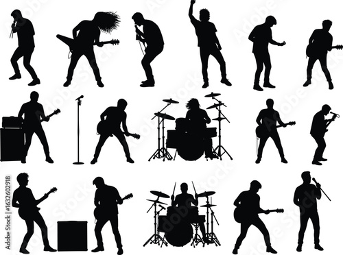 Silhouettes of rock band musicians performing on stage, guitarists, drummer, singer with mic, dynamic concert energy, editable vector pack.