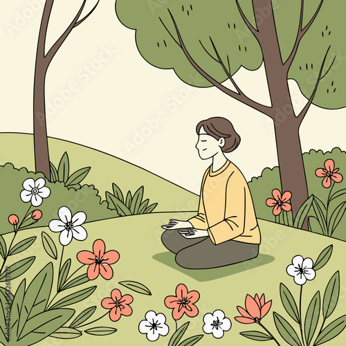 Inner Peace in the Garden: A serene woman finds solace in a tranquil garden, practicing meditation amidst blossoming flowers and the gentle embrace of nature.