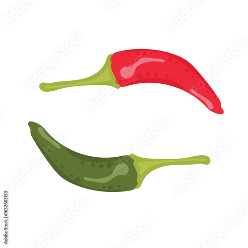 Red and green chili pepper or jalapeno drawing. Spicy mexican dish for sauce. Vector illustration of vegetable for stickers, menu, restaurants, flyers and banners.