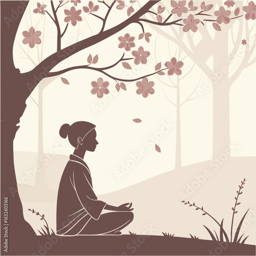 Serene Meditation Under Blossoms: A silhouette of an individual deeply absorbed in meditation beneath a blossoming tree. A tranquil scene invites introspection and mindfulness, embodying inner peace.