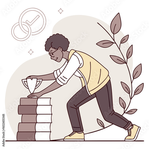 Knowledge is Power: The image captures a studious individual achieving a milestone by reaching a trophy in the journey of knowledge.