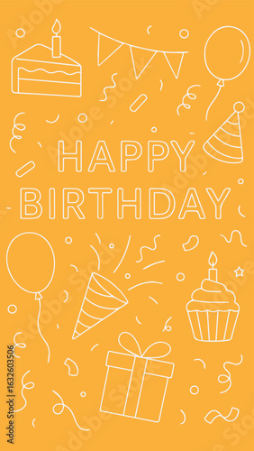 Fun birthday card with festive doodles and orange background