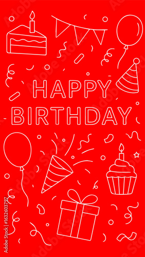 Fun birthday card with festive doodles and red background