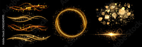 Starlight effect set and spotlight. Glow isolated white transparent light effect set, glitter, line, sun flash, dust, stars, sunlight, spotlight, swirl, spiral, portal or tunnel