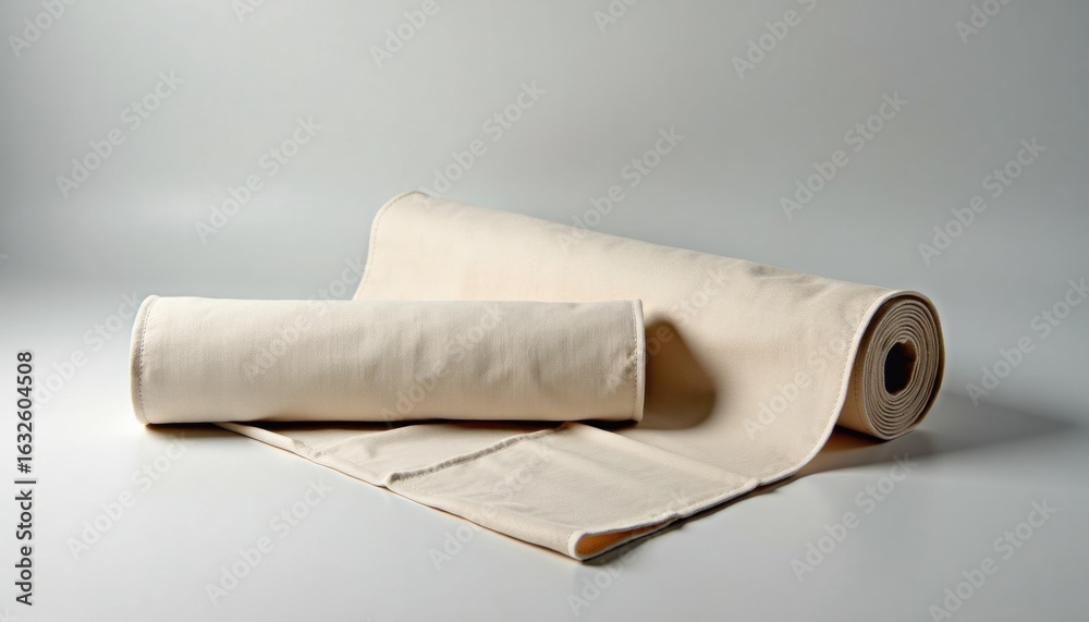 Fototapeta premium Unrolled beige fabric rolls on grey surface for sewing projects 