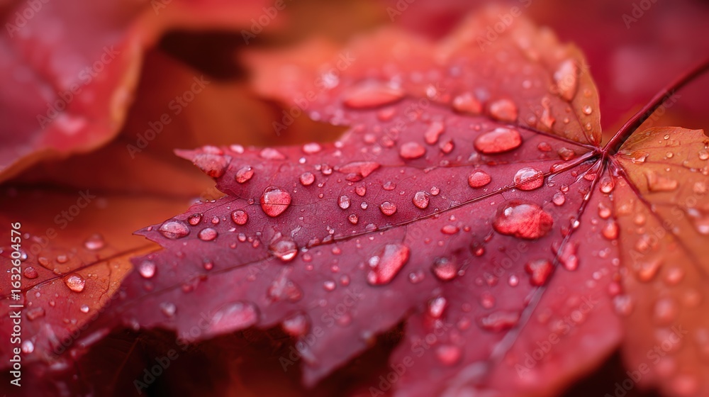 Fototapeta premium Close-up of vibrant red maple leaves covered in water droplets, showcasing autumn beauty and nature's details