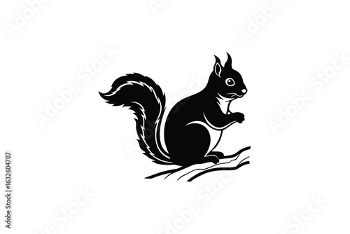 A detailed black silhouette of a squirrel perched on a branch its bushy tail curled upwards captured in a stylized linocut aesthetic silhouette