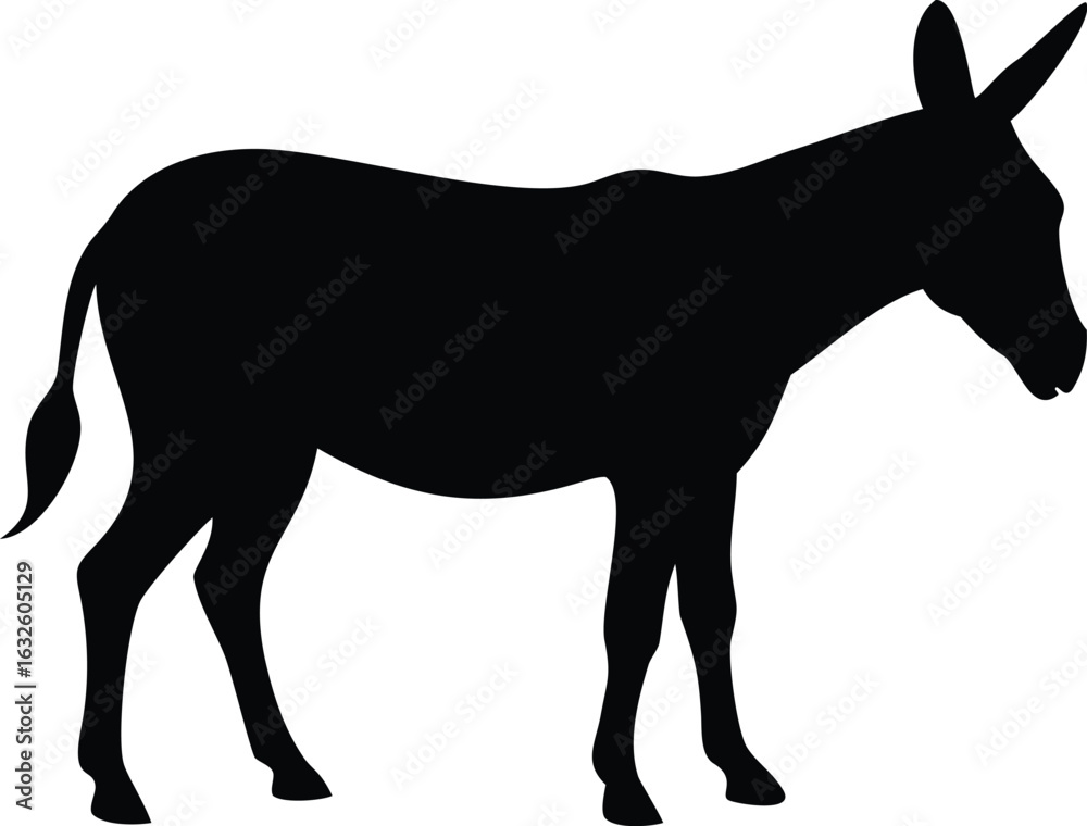 Fototapeta premium Standing donkey shows a silhouette figure on a white background, displaying unique form