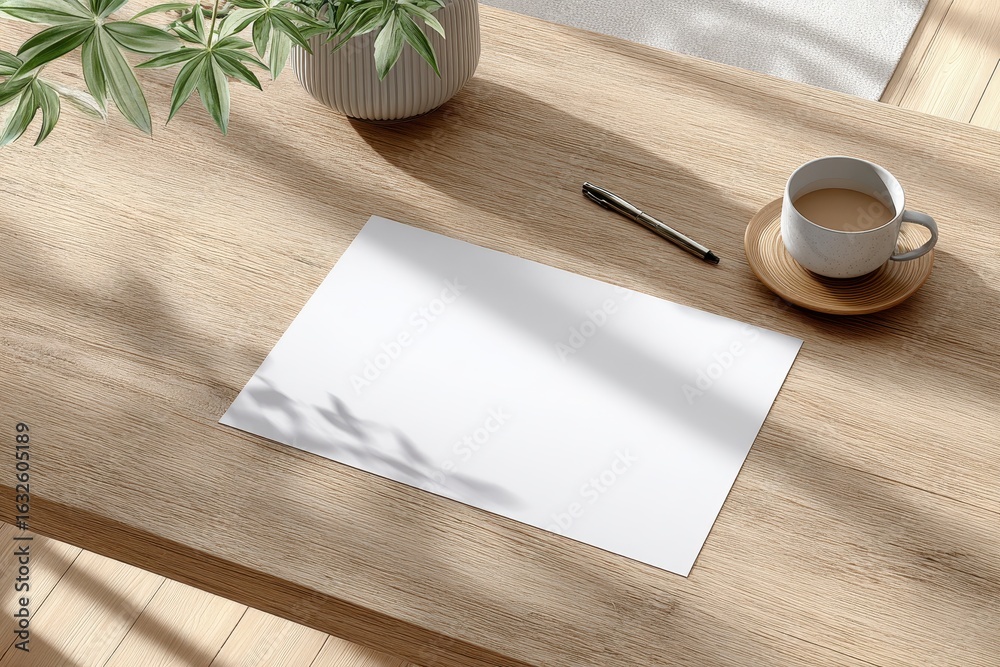 Fototapeta premium Overhead shot of a blank sheet of paper on a wooden desk with coffee and a pen, natural light creating soft shadows and warm tones, ready for ideas and creativity.