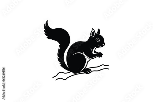 A detailed black silhouette of a squirrel perched on a branch with its bushy tail curved upwards captured in a classic illustrative style silhouette