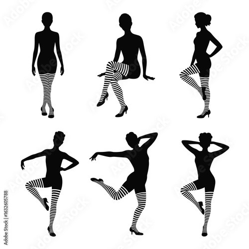 Silhouettes of women in striped thigh high stockings