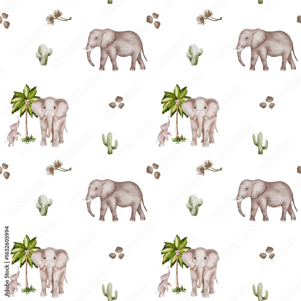 Fototapeta premium Watercolor seamless pattern featuring elephants, cacti, and palm trees for textile design