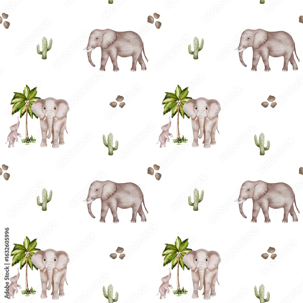 Fototapeta premium Unique watercolor pattern of elephants, palm trees, and cacti for textile and packaging design