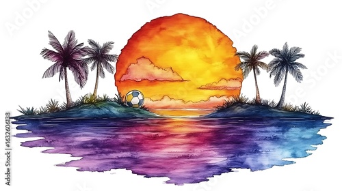 Colorful sunset over an island with palm trees and a soccer ball.