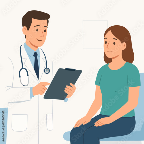 Flat vector illustration of doctor consulting female patient in medical clinic
