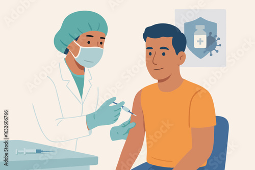 Vaccination flat vector illustration – doctor giving injection to patient for immunization, virus protection, and disease prevention
