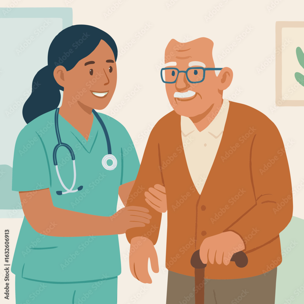 Fototapeta premium Flat vector illustration showing a smiling female nurse assisting an elderly man with a walking cane. Concept of senior healthcare, geriatric support, caregiver services, and elderly patient care.
