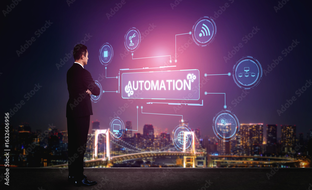 Fototapeta premium Modern automation drives workflow efficiency by connecting systems, people, and data. With intelligent automation, businesses unlock potential through seamless integration and automation tools. Spline