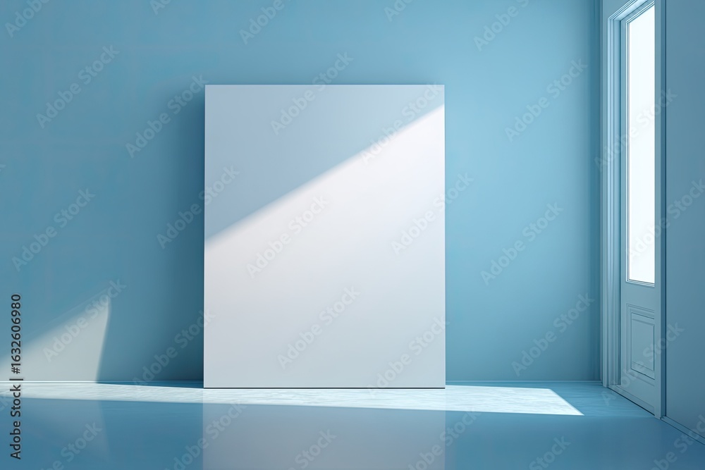 Obraz premium Blank canvas in a light-blue room. Sunlight casts shadows