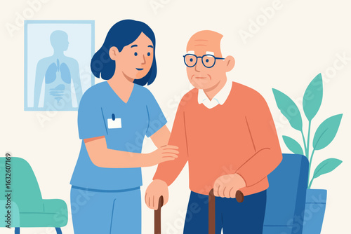 Flat vector illustration depicting elderly care and health assistance. Female nurse supporting an old man with a walking cane in a medical or home setting. Concept of senior care, nursing services, ge