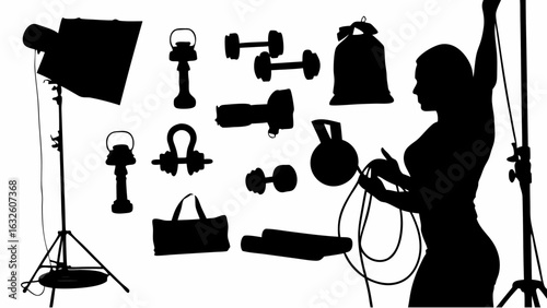 Silhouette of woman with workout equipment including dumbbells weights and jump rope in a studio setting