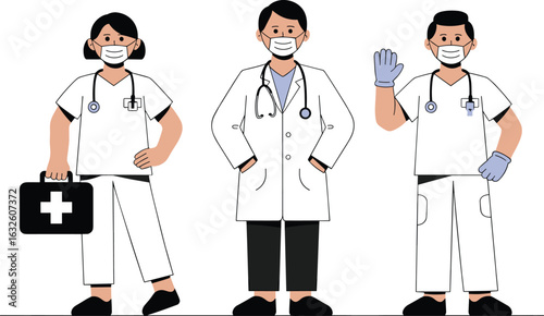 Medical team in white uniforms with stethoscopes, providing healthcare services, hospital staff, doctor illustration, clinic