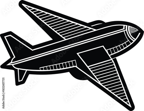 Classic jet air plane in a bold black silhouette with white line details silhouette vector illustration eps