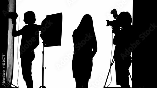 Silhouette of two photographers and a model in a studio setting with lighting equipment and backdrop visible