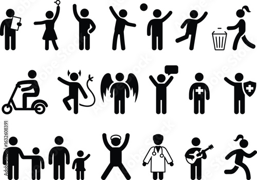 Stick figure icons showing activities and professions, black silhouette symbols, character concepts, white background illustration