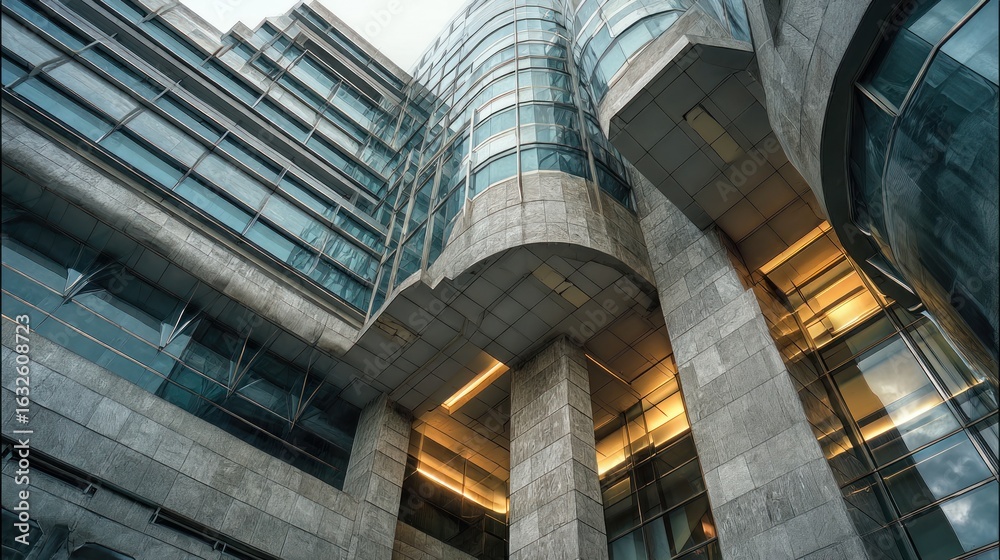 Fototapeta premium Modern, architectural, concrete and glass building exterior, low angle view