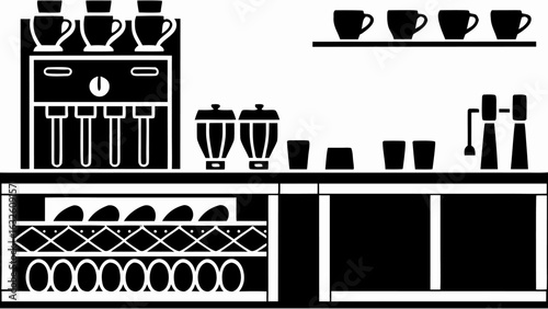 Illustration of a coffee shop counter with coffee machine cups and storage for dishes and glasses silhouette